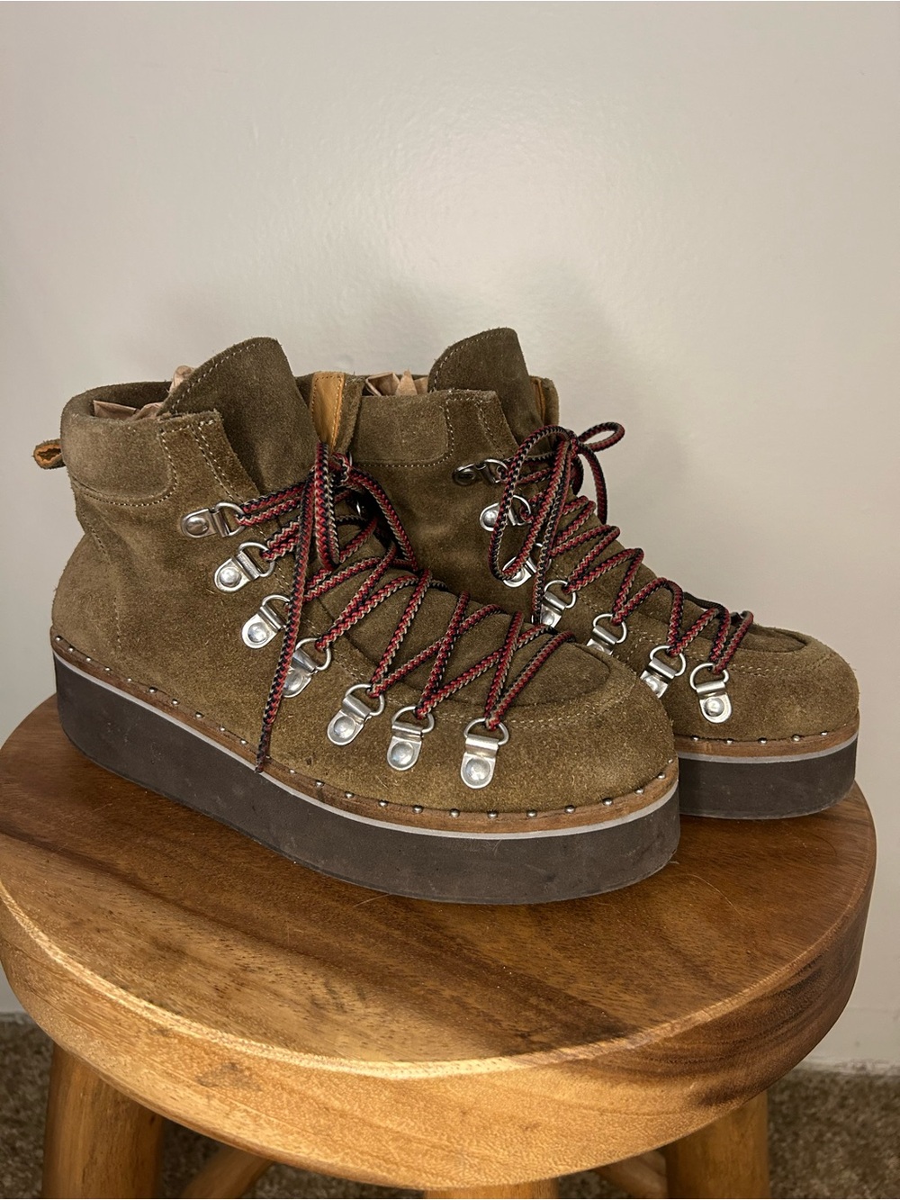 Free People Olive Brown Suede Platform Hiking Boot with Red Accent Laces